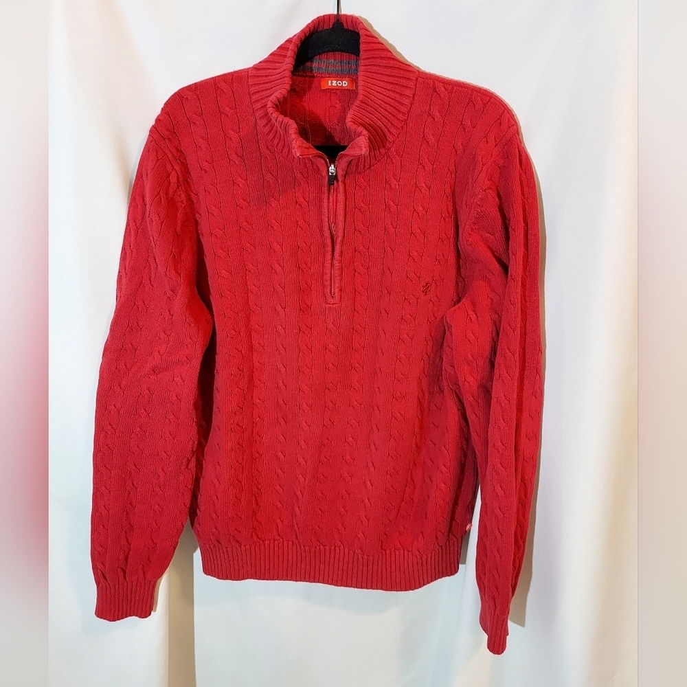 Izod Men's Quarter Zip Cable Knit Turtleneck Sweater in Vibrant Red